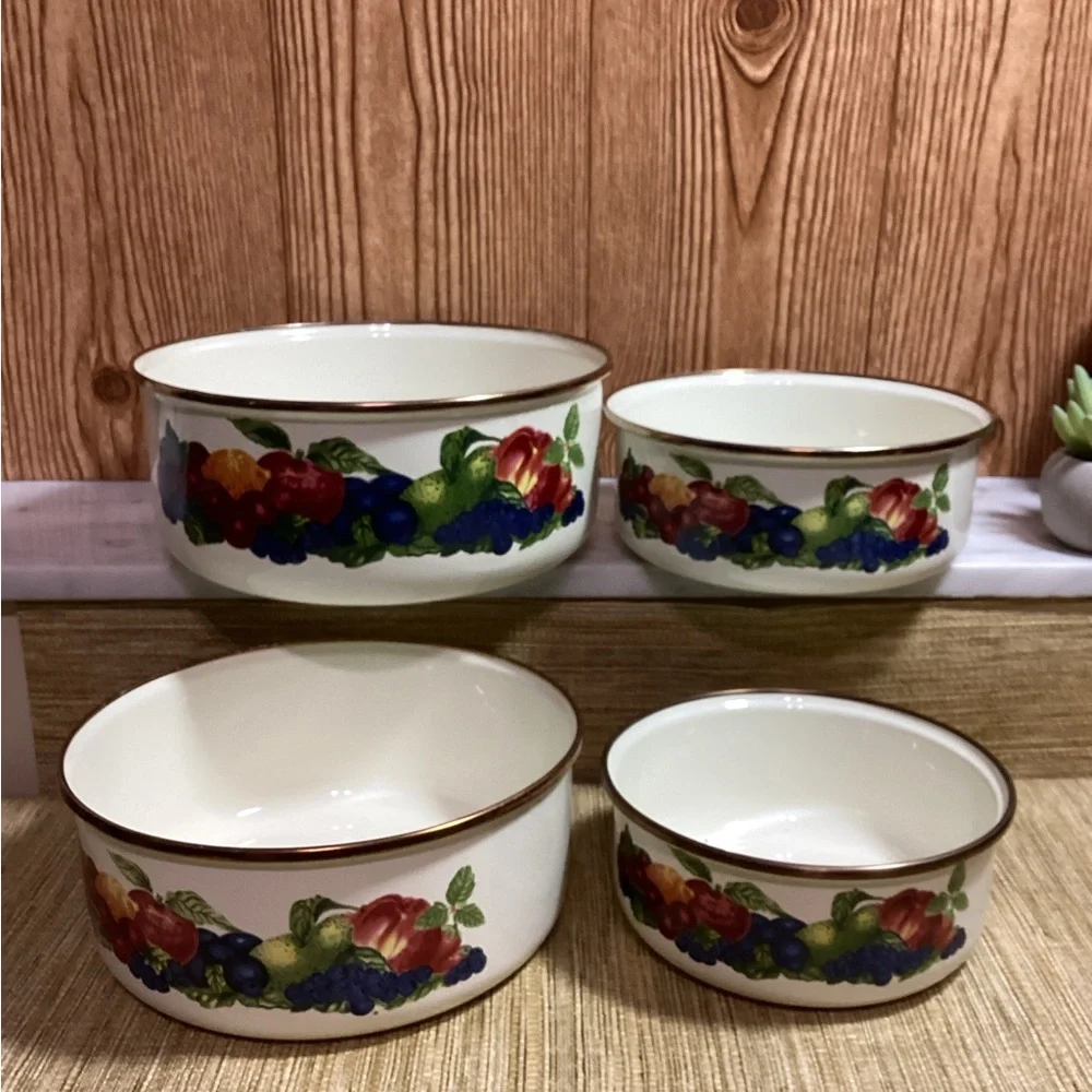 Floral Fruit Design Enamelware Nesting Bowls Set of 4